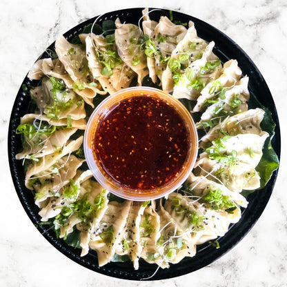 Edamame Dumpling Platter + Chili Garlic Sauce [Vegan]