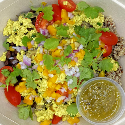 Black Bean, Quinoa & Tofu Scramble Breakfast Bowl w Tomatillo Salsa [Vegan]